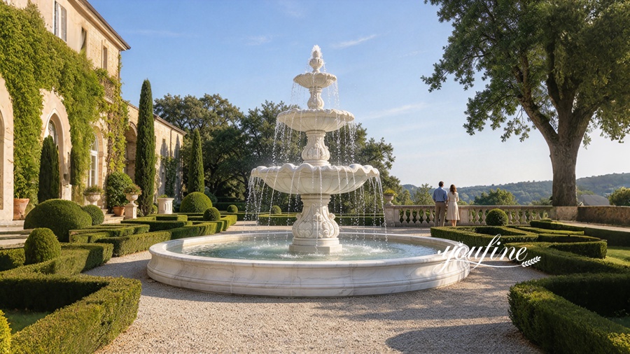 A white marble fountain with cascading water in a symmetrical landscaped courtyard, flanked by trimmed hedges and a historic building.