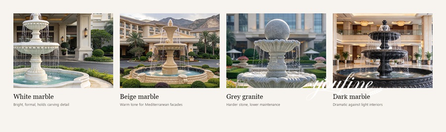 A collage displaying four types of fountains: white marble, beige marble, grey granite, and dark marble. Each fountain showcases intricate designs in various settings.