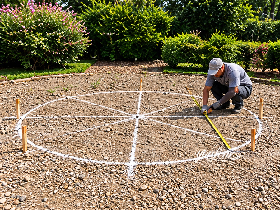 A worker kneeling on soil measuring and marking a circular garden layout with stakes and white lines, surrounded by greenery.