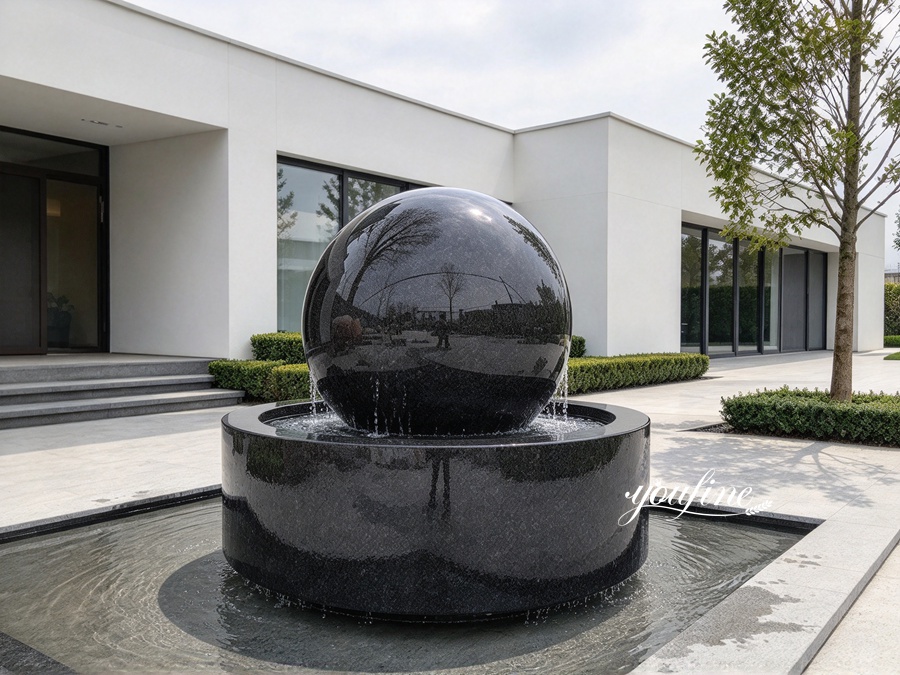 A sleek black granite sphere fountain with water cascading gently, set in a modern courtyard with minimalistic architecture and greenery.
