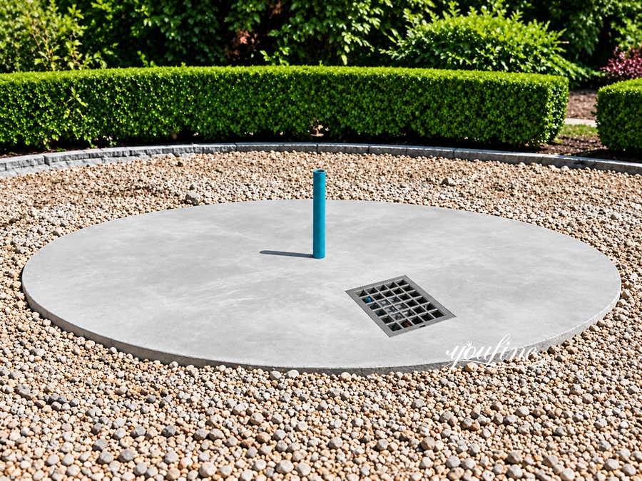 Modern round fountain platform with a central pipe and drainage grate, surrounded by pebbles and greenery in a landscaped garden.