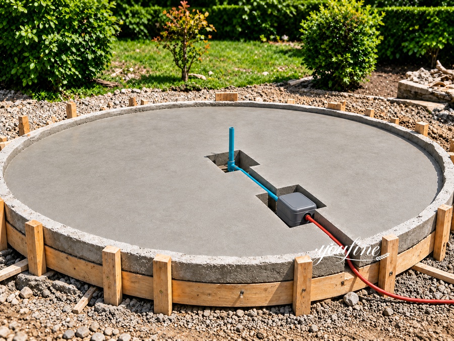A freshly constructed round concrete foundation designed for a garden fountain, with embedded pipes and clear wooden framing.